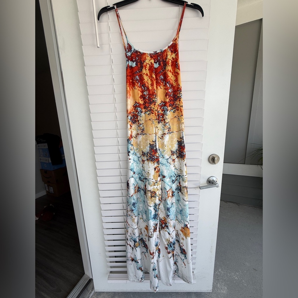 SHEIN Orange, Tan & Blue Abstract Marble Maxi Jumpsuit NWOT